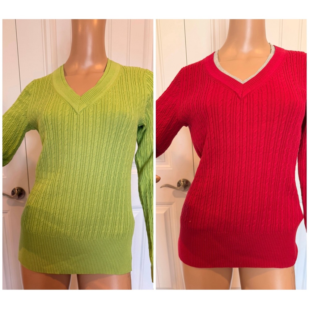 Tommy Hilfiger Woman 2pc Bundle Cable Knit V-Neck Sweater Lime Green Red Med Y2K